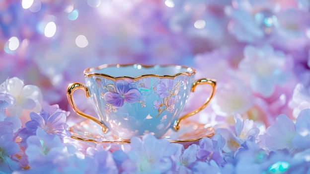 Whimsical enchanted garden tea party, pastel lavender photo