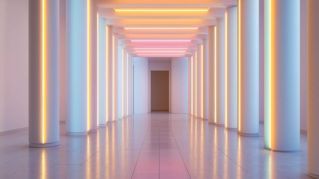 White LED lights along the ceiling casting pastel neon hues photo