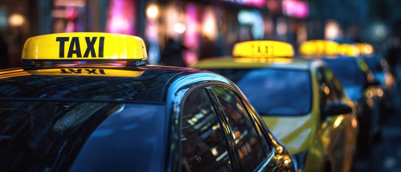 The lineup of taxis illuminated in the bustling city at night. photo