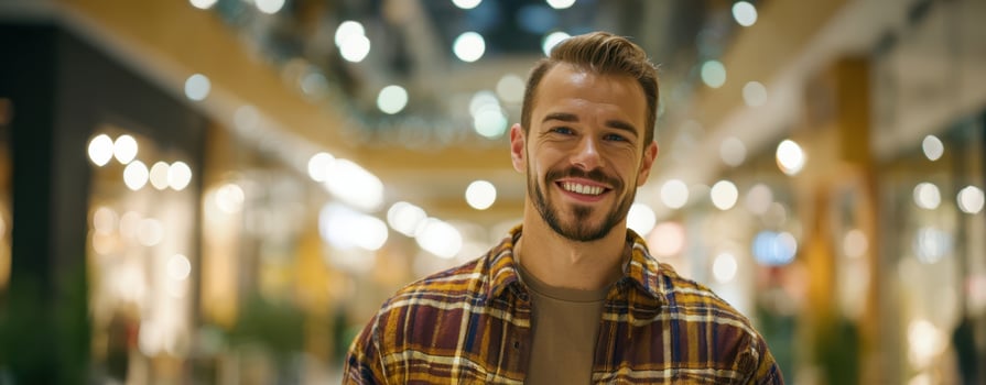 The smiling man in a fashionable outfit at a modern shopping mall. photo