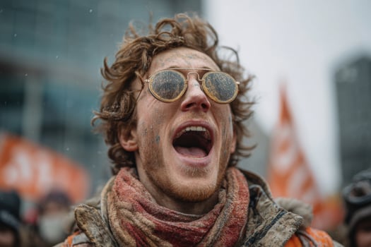 A man with sunglasses and a scarf is shouting photo