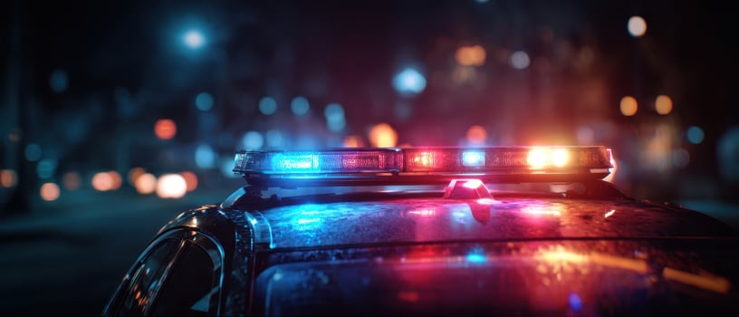 The police car flashing emergency lights in a dark urban environment at night. photo