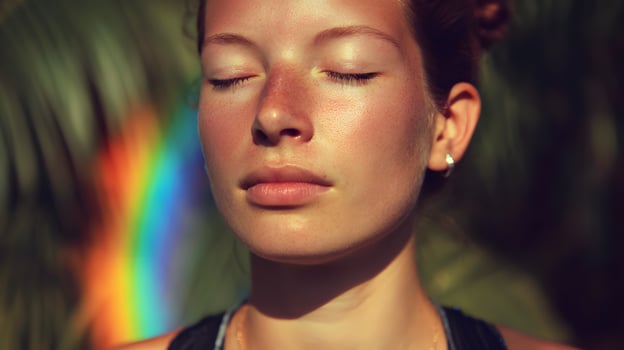 Portrait of a beautiful young woman with closed eyes meditating and a rainbow in the background. photo