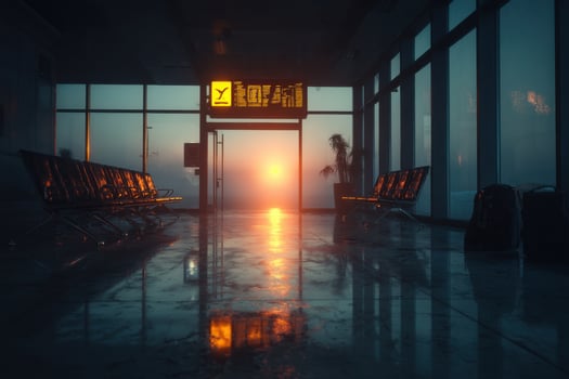 A long hallway with chairs and a window with the sun setting photo