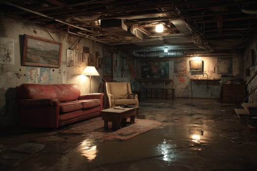 A room with a couch and a lamp in it photo