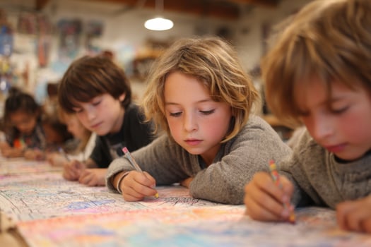 Children drawing on a large piece of paper photo