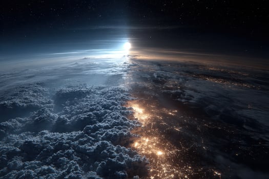 The earth is seen from space with light shining from the horizon photo