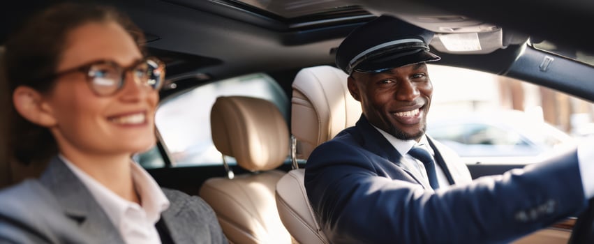 The professional driver and passenger enjoying a comfortable city ride. photo