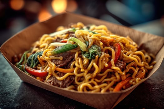 A bowl of noodles with meat and vegetables photo