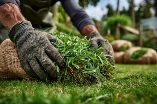 A man is cutting grass with gloves on photo