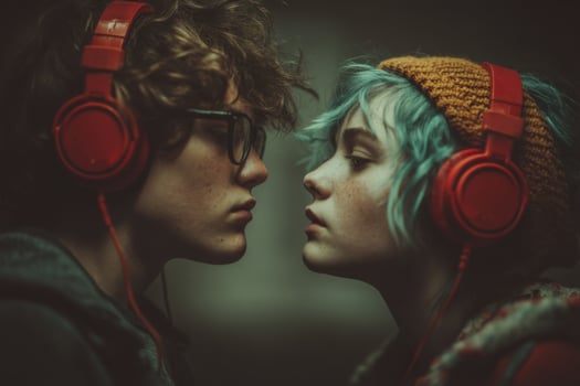A young couple with headphones on their heads photo