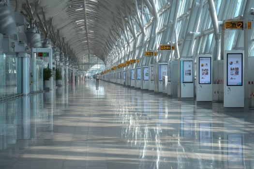 An airport terminal with many windows and a long hallway photo