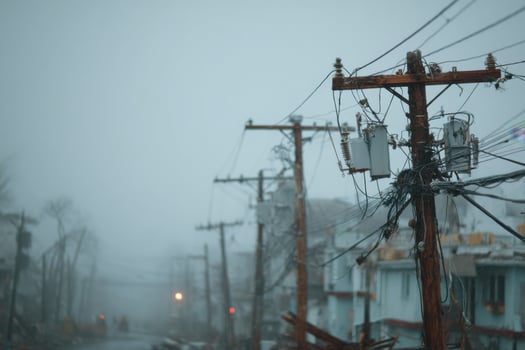 Power lines and telephone poles in the middle of a street photo
