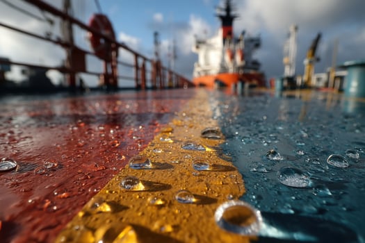 A close up of water droplets on the deck of a ship photo