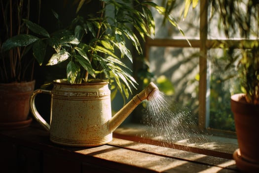 A watering can and potted plant sitting on a window sill photo