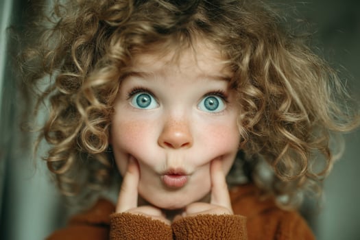 A young girl with curly hair making a funny face photo