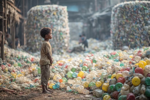 A young boy stands in a pile of plastic bottles photo