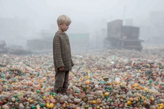 A young boy standing in a pile of plastic bottles photo