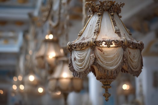 A chandelier with ornate decorations hanging from the ceiling photo