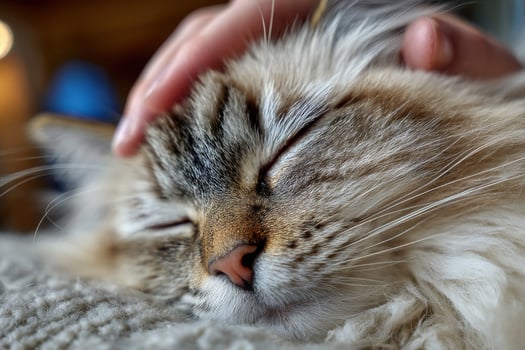 A person is touching the head of a cat photo