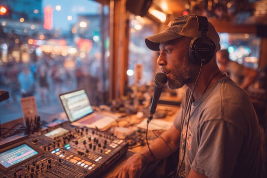 A man in headphones is sitting at a table with a mixer photo