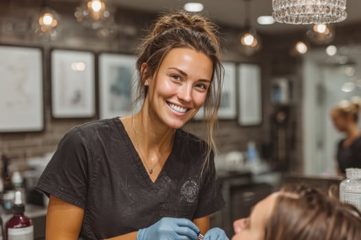 A woman smiling while getting her teeth checked photo