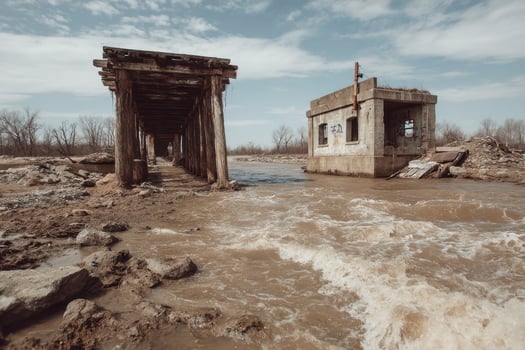 A flooded bridge with a building in the background photo