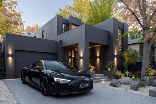 A black audi car parked in front of a modern home photo