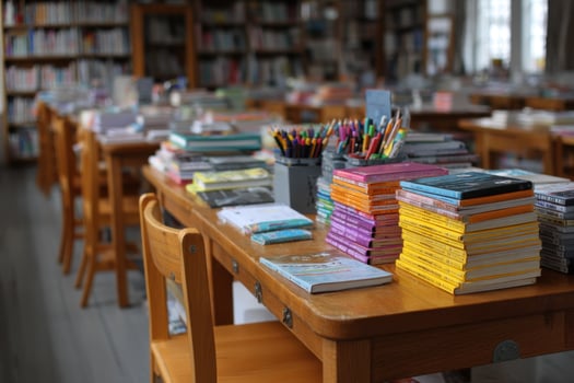 A table with books and pencils on it photo