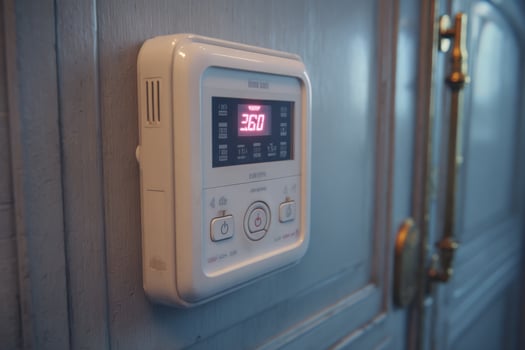 A digital thermostat is mounted on a door photo