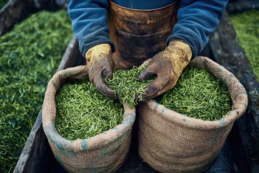 A man is holding two sacks of green tea photo