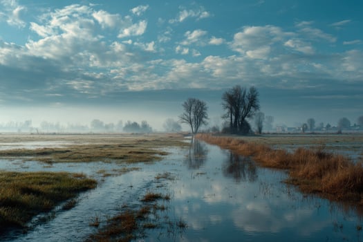 A field with water and trees on a cloudy day photo