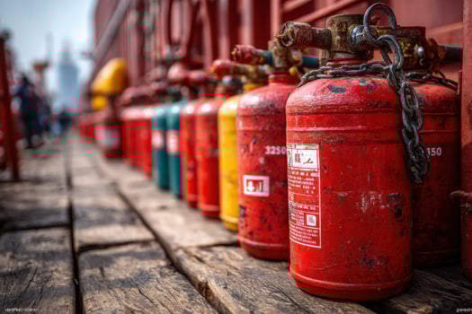 A row of fire extinguishers on a wooden dock photo