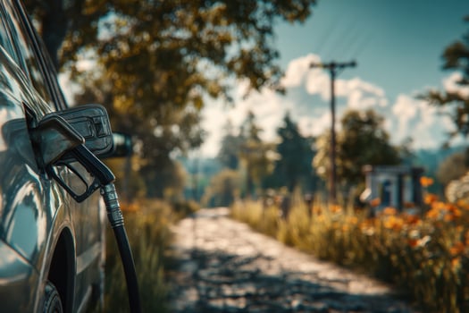 A car is parked on a dirt road with a gas pump photo
