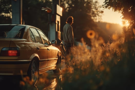 A man is standing next to a yellow car at sunset photo