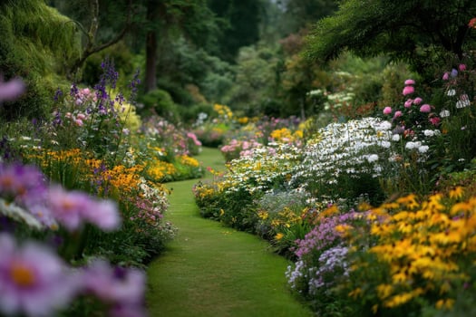 A path through a garden with lots of flowers photo