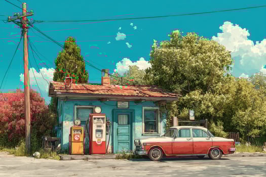 A painting of an old car parked in front of a gas station photo
