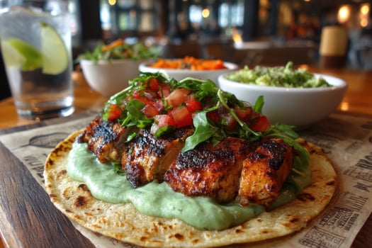A chicken taco with guacamole and salsa on a wooden table photo