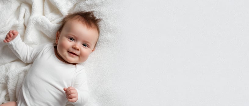The happy baby smiling on a soft white blanket with joyful innocence. photo