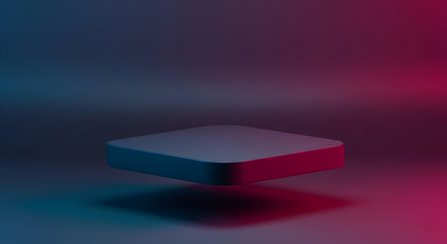 Dark Floating Platform with Teal and Magenta Gradient Lighting for Product Display photo