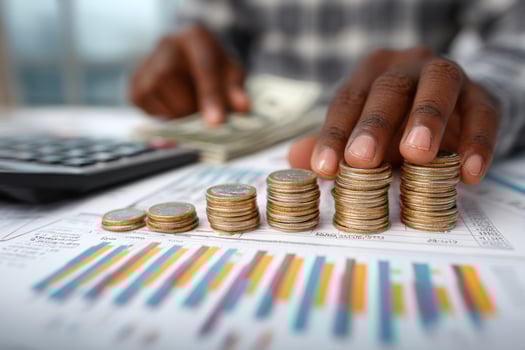 Man counting coins on table with calculator and calculator photo