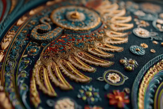 A close up of a blue and gold embroidered piece photo