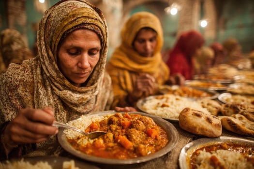 Women in burqas are eating food in a large room photo