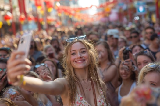 A woman taking a selfie with a crowd of people photo