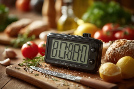 A digital clock on a cutting board with vegetables and other ingredients photo