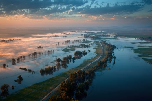 An aerial view of a flooded river and trees photo