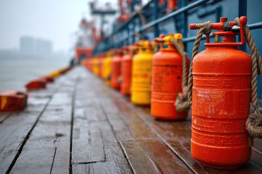 Orange fire extinguishers on a ship photo