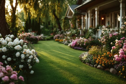 A lawn with flowers and grass in front of a house photo