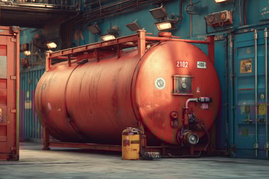A red tank sitting in a warehouse photo
