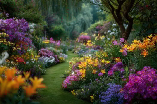 A beautiful garden with lots of flowers and grass photo